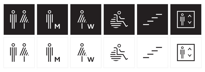 male and female toilet symbols. disabled icon. gender icon. restroom pictogram. Elevator and stairs public signage. WC signage	
