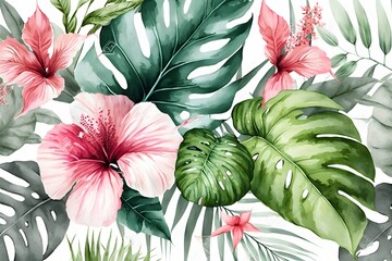 watercolor pink hibiscus and tropical leaves seamless pattern for fabric and background