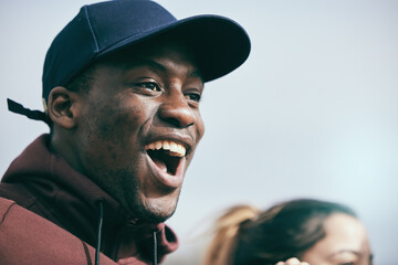 Sports, cheer and excited black man in stadium shouting, cheering and screaming support for team....