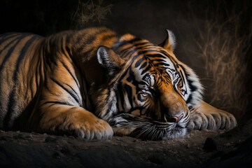 Obraz na płótnie Canvas Tiger sleeping in nature, generative AI