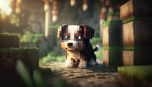 Creative 4k high resolution wallpaper art of a dog inspired by game movie with Blocky, pixelated and set in a procedurally generated world by Gongbi (generative AI)