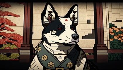 Creative 4k high resolution wallpaper art of a dog inspired by game movie with Blocky, pixelated and set in a procedurally generated world by Ukiyo-e (generative AI)