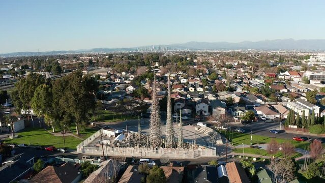 Aerial static shot of the Watts Towers in Los Angeles, California. 4K