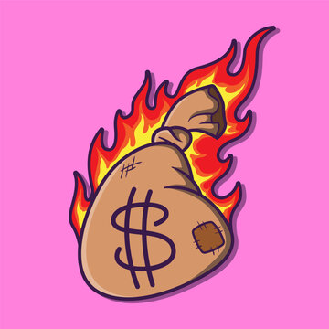 cartoon illustration of a burning money bag