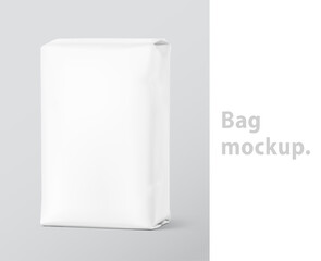 Vertical bag package mockup. Vector illustration isolated on grey background. Easy to use for presentation your product, idea, promo, design. EPS10.	