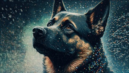 Creative 4k high resolution wallpaper art of a dog inspired by game movie with comic book-inspired visuals with diverse settings, from cityscapes to space by Pointillism (generative AI)