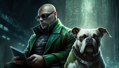 Creative 4k high resolution wallpaper art of a dog inspired by game movie with Dark, cyberpunk-inspired virtual reality and futuristic city environments by Fresco Painting (generative AI)