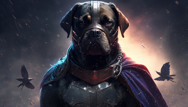 Creative 4k high resolution wallpaper art of a dog inspired by game movie with comic book-inspired visuals with diverse settings, from cityscapes to space by Tenebrism (generative AI)