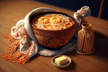 Meatball Soupsuper realistic with egg and vegetables shrimpt, generative ai