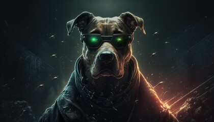 Creative 4k high resolution wallpaper art of a dog inspired by game movie with Dark, cyberpunk-inspired virtual reality and futuristic city environments by Tenebrism (generative AI)