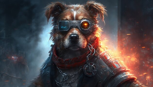 Creative 4k high resolution wallpaper art of a dog inspired by game movie with Futuristic and post-apocalyptic settings with advanced technology and cyborgs by Gongbi (generative AI)