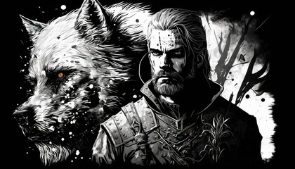 Creative 4k high resolution wallpaper art of a dog inspired by game movie with Gritty and mature with medieval-inspired fantasy environments and creatures by Ink Drawing (generative AI)
