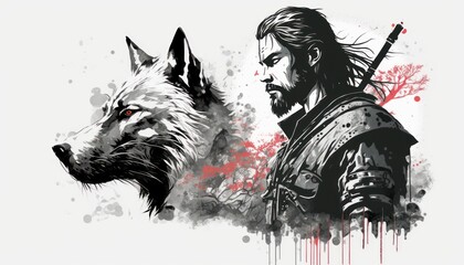 Creative 4k high resolution wallpaper art of a dog inspired by game movie with Gritty and mature with medieval-inspired fantasy environments and creatures by Sumi-e (generative AI)