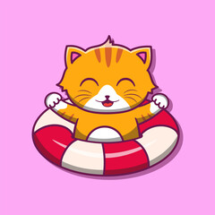cute cartoon cat floating with swimming buoy