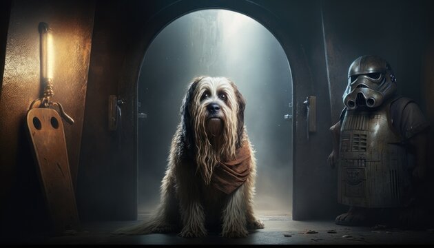 Creative 4k high resolution wallpaper art of a dog inspired by game movie with Iconic and imaginative science fiction, including planets, spacecraft, and aliens by Photography (generative AI)