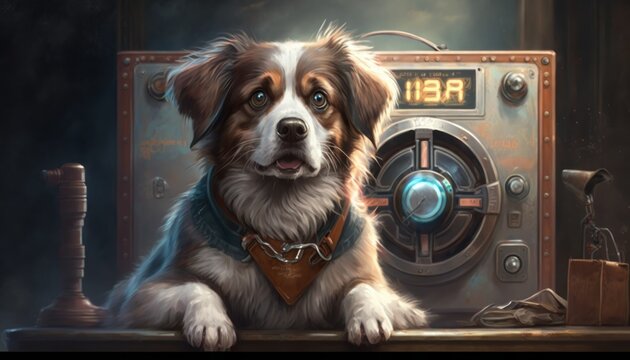 Creative 4k high resolution wallpaper art of a dog inspired by game movie with Iconic time-traveling adventures with futuristic and 1950s Americana settings by Fresco Painting (generative AI)