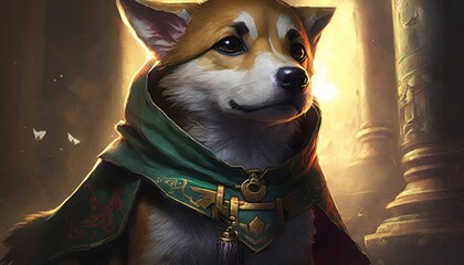 Creative 4k high resolution wallpaper art of a dog inspired by game movie with Kingdoms and landscapes with a mix of fantastical creatures and characters by Fresco Painting (generative AI)