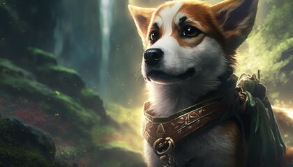 Creative 4k high resolution wallpaper art of a dog inspired by game movie with Kingdoms and landscapes with a mix of fantastical creatures and characters by Gongbi (generative AI)
