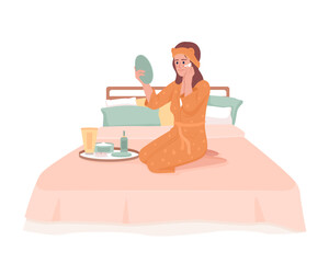 Young woman caring about skin before sleep semi flat color vector character. Editable figure. Full body person on white. Simple cartoon style illustration for web graphic design and animation