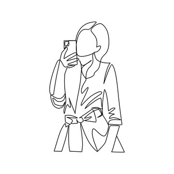vector illustration of a girl taking a selfie drawn in line-art style
