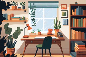 A room with a desk, bookshelf, and a plant in it, and a window with a curtain,  high detail illustration, a storybook illustration.