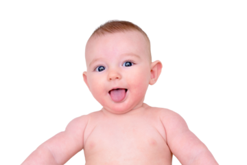 Funny Infant baby playing in the bed, isolated on a white background. Kid aged six months