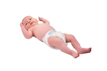 Baby infant boy lies in a diaper on the changing table, isolated on a white background. Happy child changing clothes. Kid aged two months