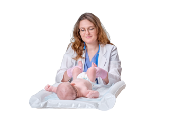The doctor does gymnastics and massage to a newborn baby, isolated on a white background. Nurse in uniform doing warm-up exercises to the child. Kid aged two months