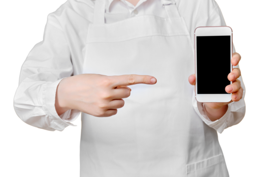 Man chef showing phone screen on isolated white background, mockup copy space