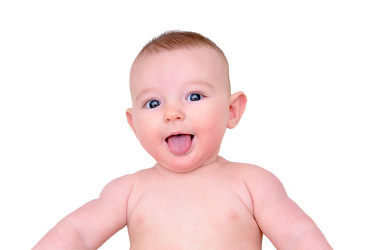 Funny Infant baby playing in the bed, isolated on a white background. Kid aged six months