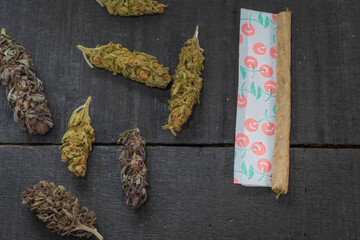 Marijuana with buds on wood 