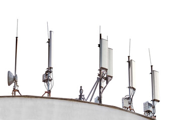 5g cellular antennas receiver on the roof of the building, isolated on a white background.