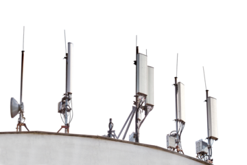 5g cellular antennas receiver on the roof of the building, isolated on a white background.
