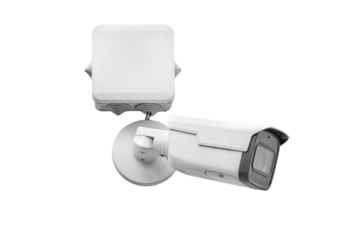 Video surveillance camera on the building, monitoring the security, isolated on a white background