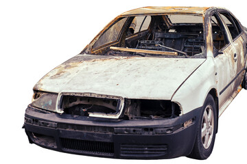 Burnt-out rusty cars on a city street, vandalism. Setting fire to cars by vandals and damage to...