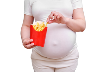 Pregnant woman with French fries, isolated on a white background