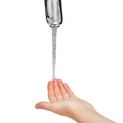 A woman checks the temperature of the tap water with her hand, isolated on a white background
