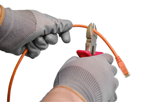 Cutting a computer network wire with wire cutters, isolated on a white background