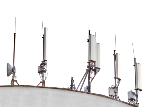 5g cellular antennas receiver on the roof of the building, isolated on a white background.