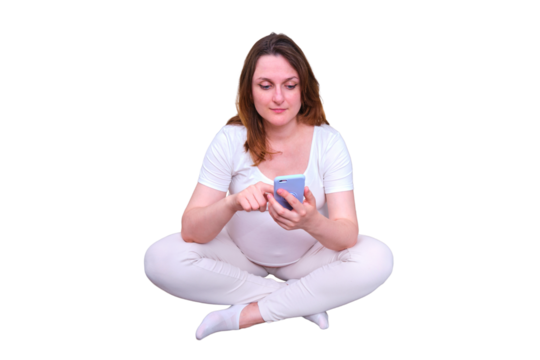 Online help for pregnancy in a woman on a home bed. Modern solutions for pregnant women, isolated on a white background - Powered by Adobe