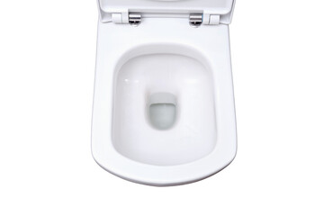 Clean toilet bowl with drain hole, top view. Toilet brush and trash can on black tiles, isolated on a white background