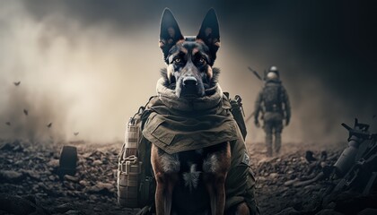Creative 4k high resolution wallpaper art of a dog inspired by game movie with Realistic military settings with photorealistic graphics by Photography (generative AI)