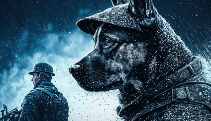 Creative 4k high resolution wallpaper art of a dog inspired by game movie with Realistic military settings with photorealistic graphics by Pointillism (generative AI)