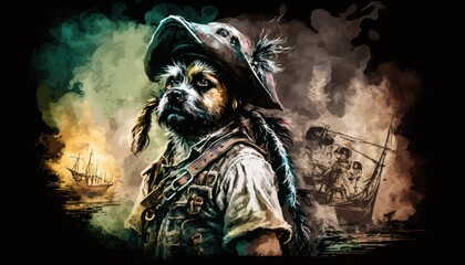 Creative 4k high resolution wallpaper art of a dog inspired by game movie with Swashbuckling pirate adventures on the high seas with action, humor, and supernatural by Sumi-e (generative AI)