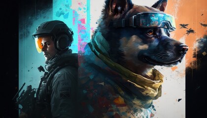 Creative 4k high resolution wallpaper art of a dog inspired by game movie with Tactical shooter with realistic military settings and weaponry by Gongbi (generative AI)