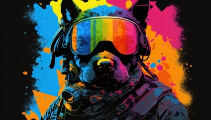 Creative 4k high resolution wallpaper art of a dog inspired by game movie with Tactical shooter with realistic military settings and weaponry by Pop Art (generative AI)