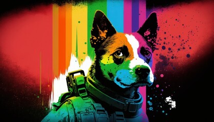 Creative 4k high resolution wallpaper art of a dog inspired by game movie with Tactical shooter with realistic military settings and weaponry by Pop Art (generative AI)