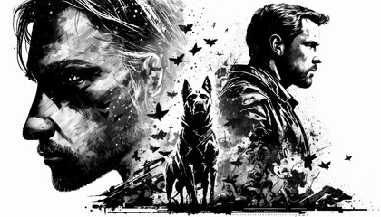 Creative 4k high resolution wallpaper art of a dog inspired by game movie with Urban, high-tech and fantastical settings, battles of heroes against villains by Ink Drawing (generative AI)