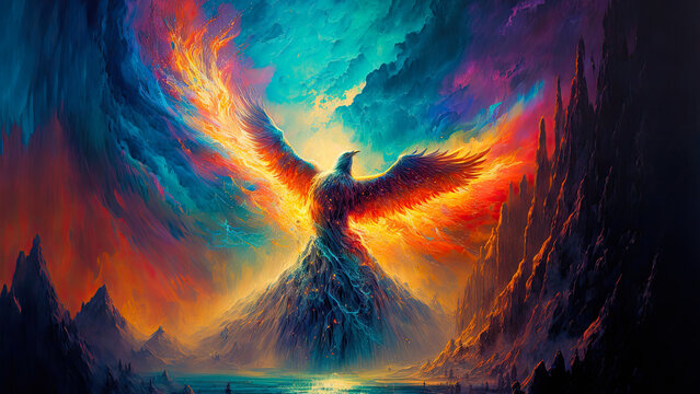 Beautiful giant phoenix with open wings. Colorful mountains landscape with twilight sky. Painting illustration wallpaper © La Cassette Bleue