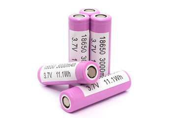 Five pink lithium batteries isolated on a white background with an inscription pasted on them about...